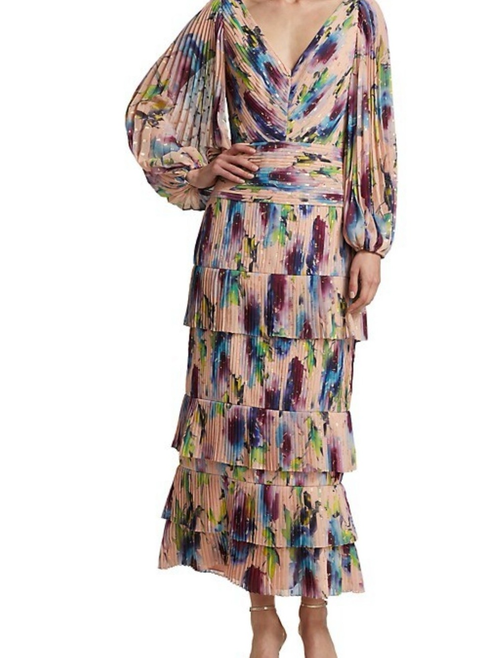 Theia Ellis Pleated Teired V-neck Balloon Sleeves Ankle Dress NWT  size 10.